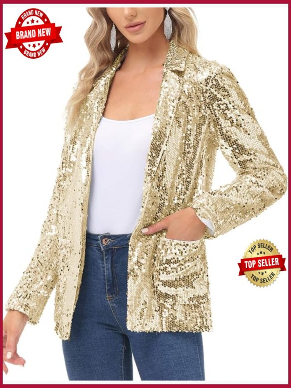Long Sleeve Sequin Blazer Jacket Open Front Sparkly Cardigan with Pockets